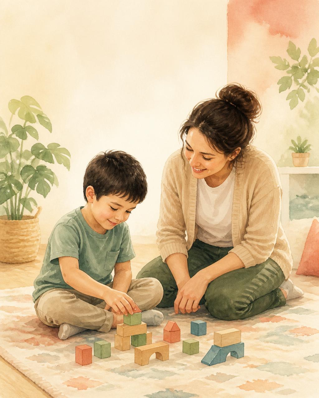 A caregiver and child playing together with wooden blocks